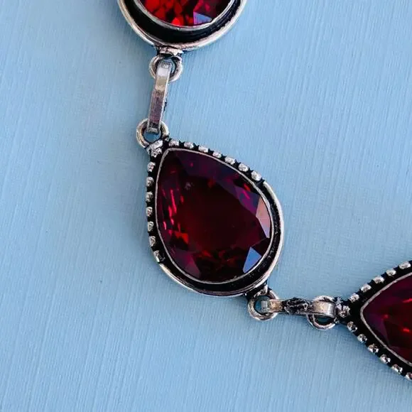 925 Sterling Teardrop Faceted Garnet Bracelet 8" - Picture 3 of 6